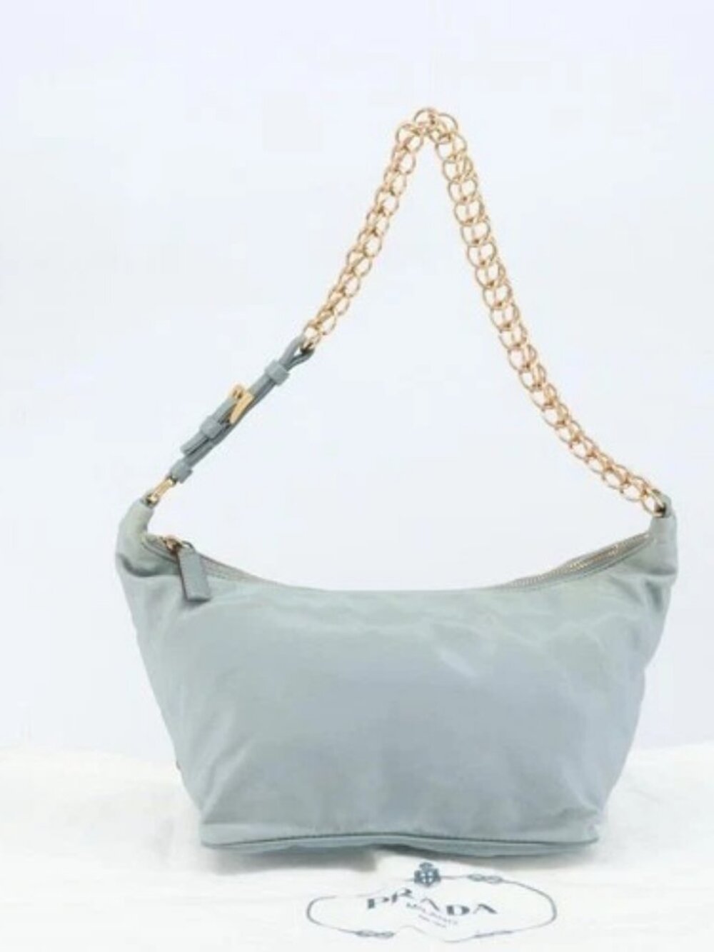 PRADA Chain Shoulder Bag Nylon Light Blue Gold Auth LNZ688V - Picture 10 of 16
